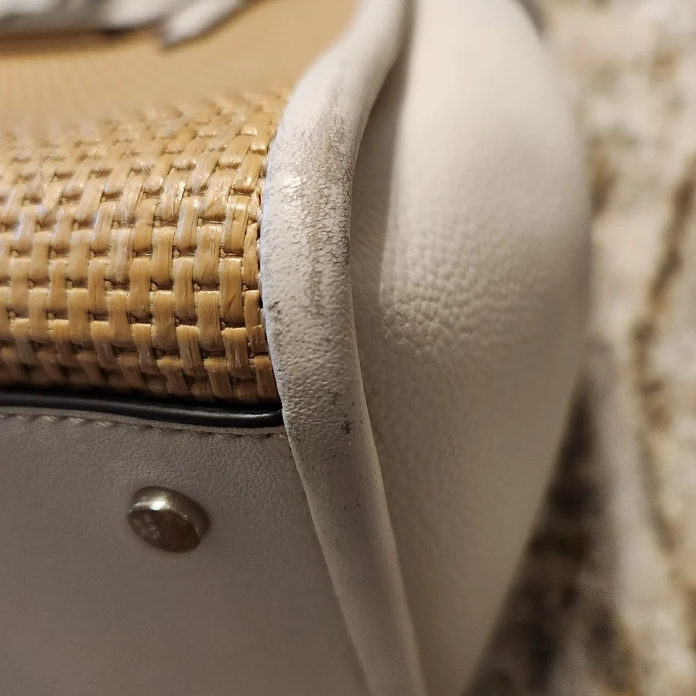 Kate Spade Handbag, Lucia Straw Medium Satchel Tan & White Crossbody EUC Summer